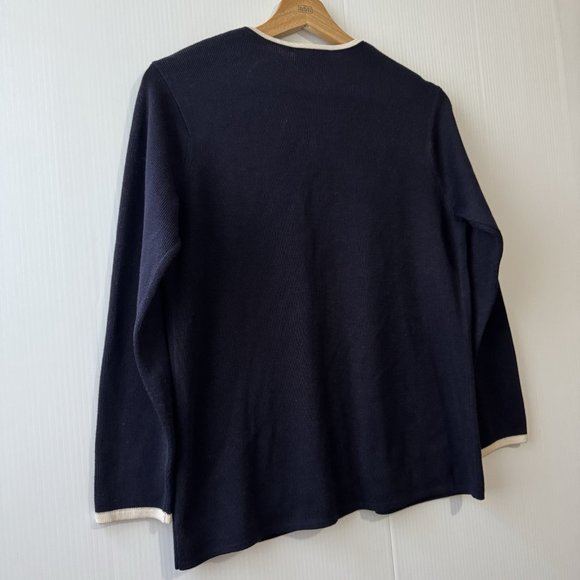 Talbots 100% Silk Open Front Cardigan Navy W/ivory Trim Women's Size P - Picture 16 of 16
